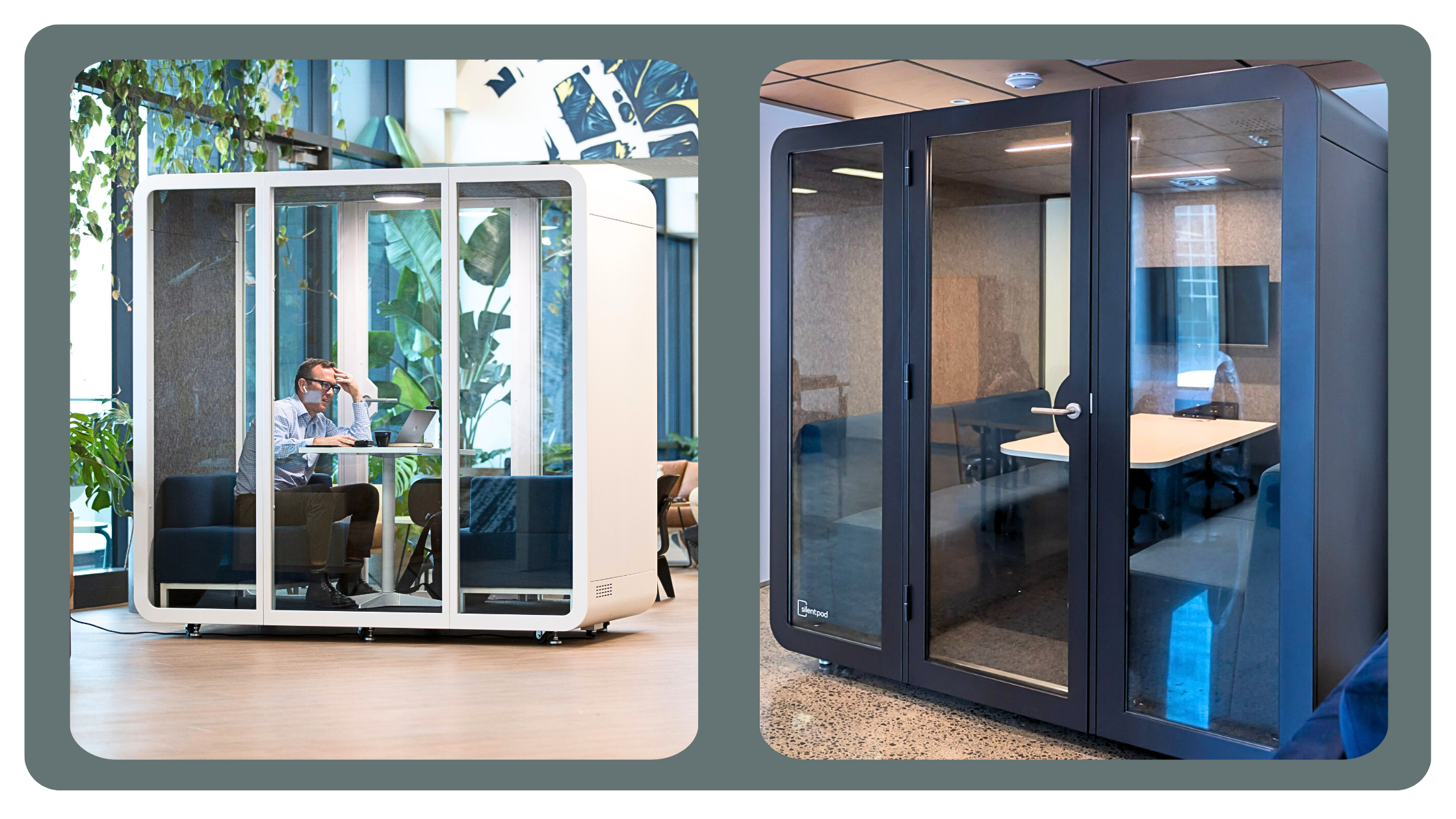 A Silent Pod acoustic Collab pod, and Boardroom pod. Showing the different sizes in-situ in an open plan office.