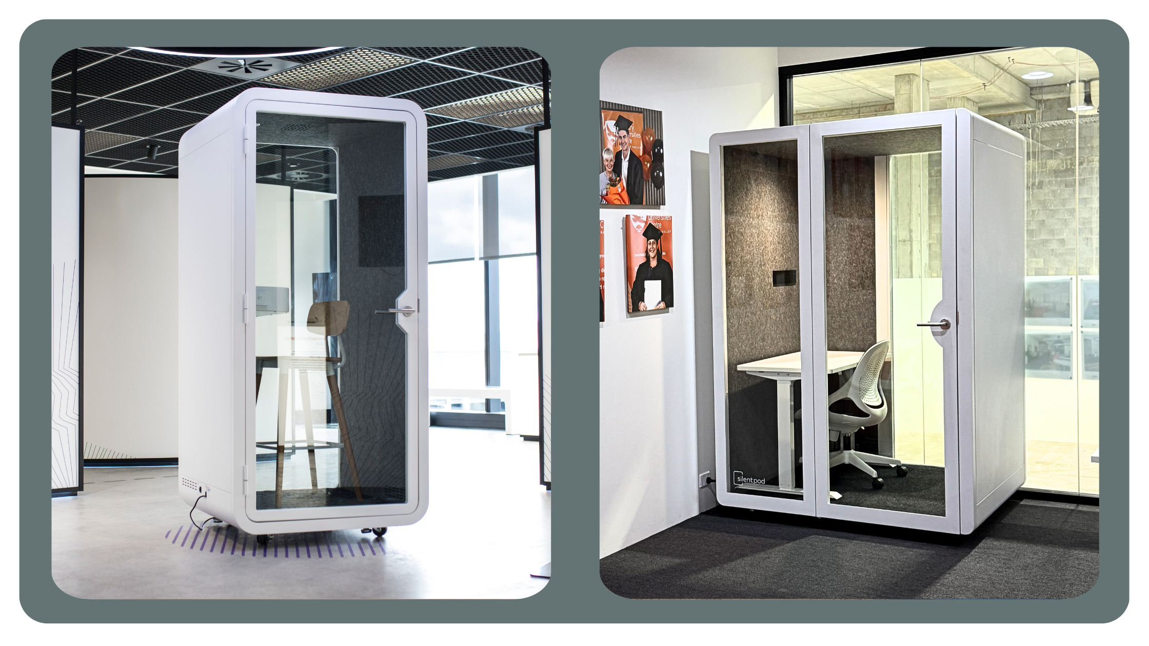 A Silent Pod Single pod, and Connect pod. Showing the different sizes in-situ in an open plan office. 