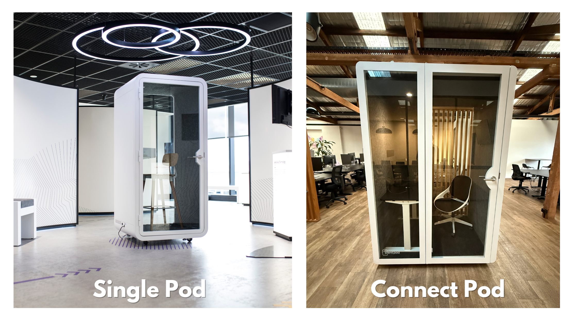 A Silent Pod Single Pod, and Connect Pod, in open plan offices. 