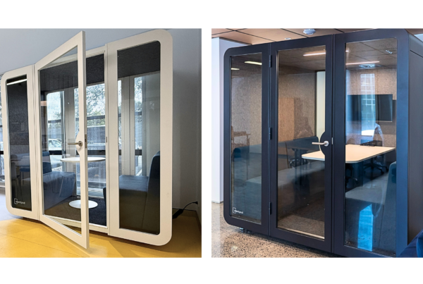 Silent Pod boardroom pods, great for collaboration and group work. Shown in white and black.