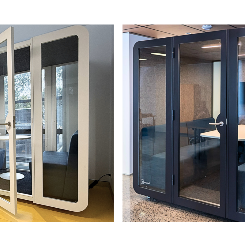 Silent Pod boardroom pods, great for collaboration and group work. Shown in white and black.