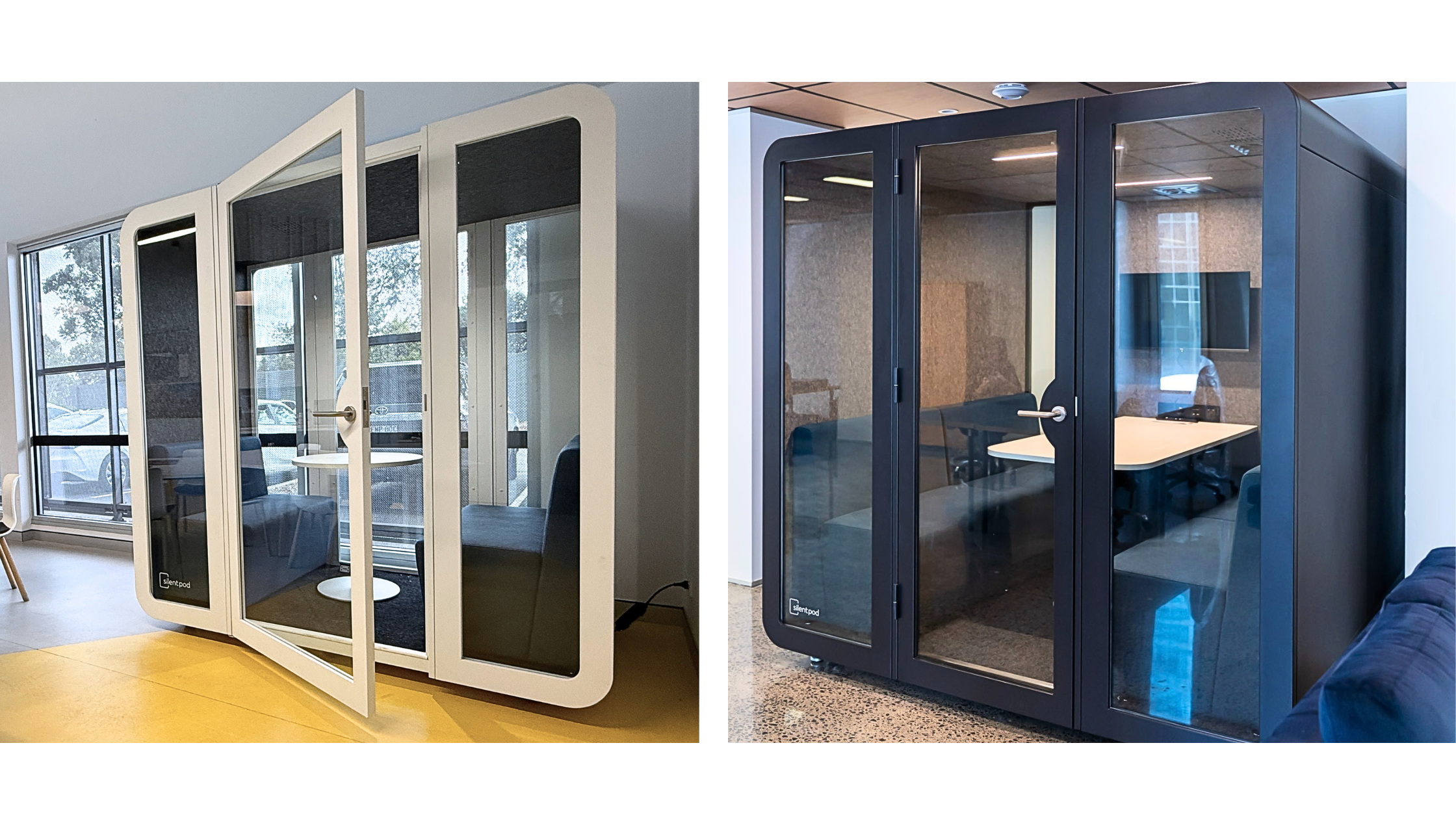 Silent Pod boardroom pods, great for collaboration and group work. Shown in white and black.