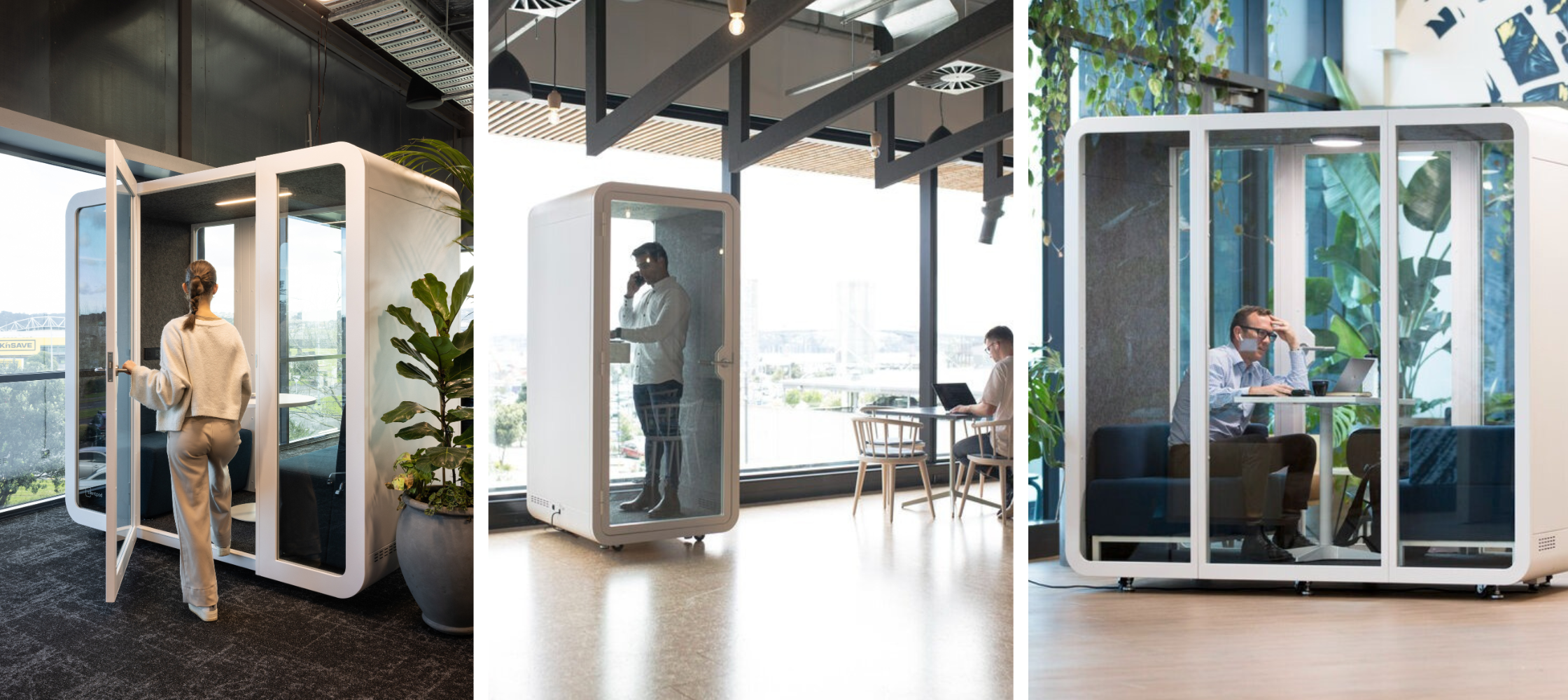 Examples of pods in a few different sizes, showing people using them for private conversations.