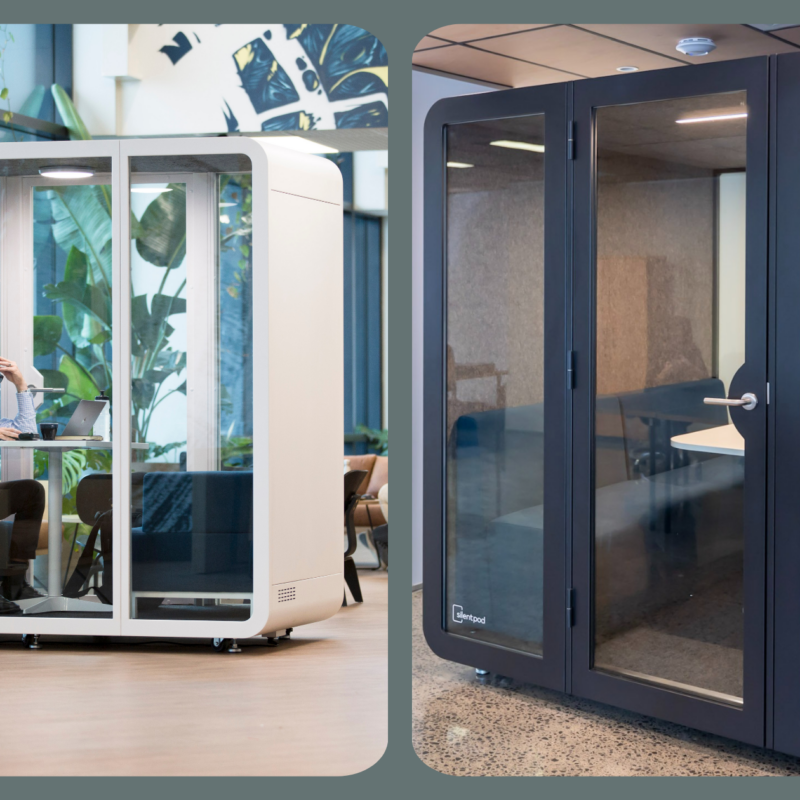 A Silent Pod acoustic Collab pod, and Boardroom pod. Showing the different sizes in-situ.