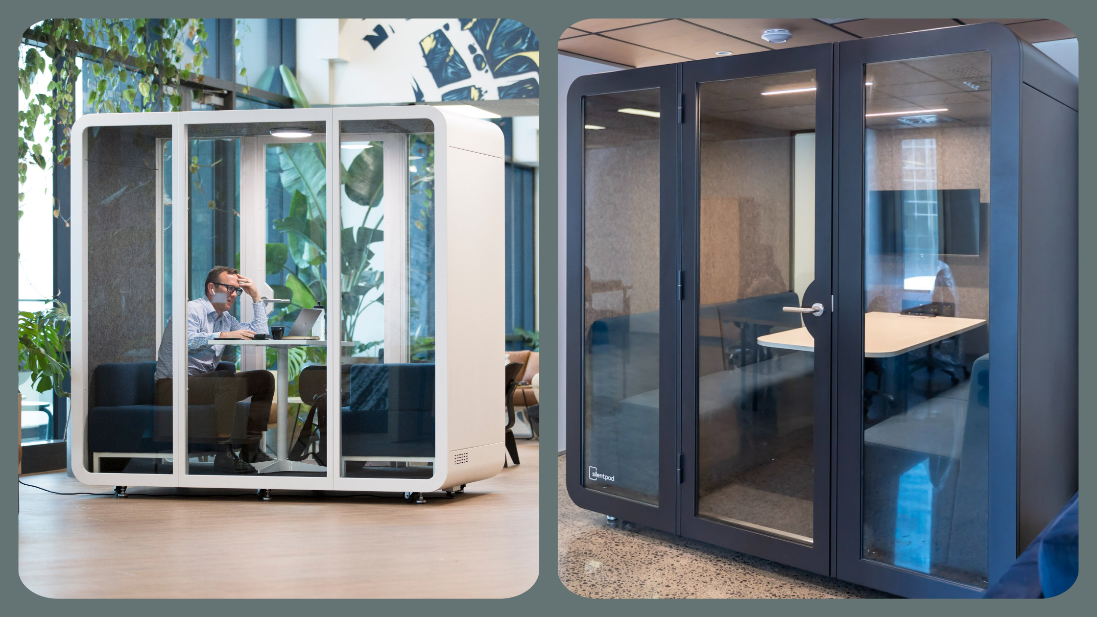 A Silent Pod acoustic Collab pod, and Boardroom pod. Showing the different sizes in-situ.