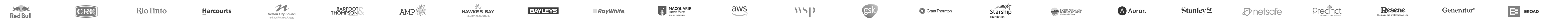 Client logos: Red Bull, CRC, Rio Tinto, Harcourts, Nelson City Council, Barfoot & Thompson, AMP, Hawke's Bay, Bayleys, Ray White, Macquarie, AWS, WSP, GSK, Grant Thornton, Starship, Auror, Stanley, Netsafe, Precinct, Resene, Generator, EROAD